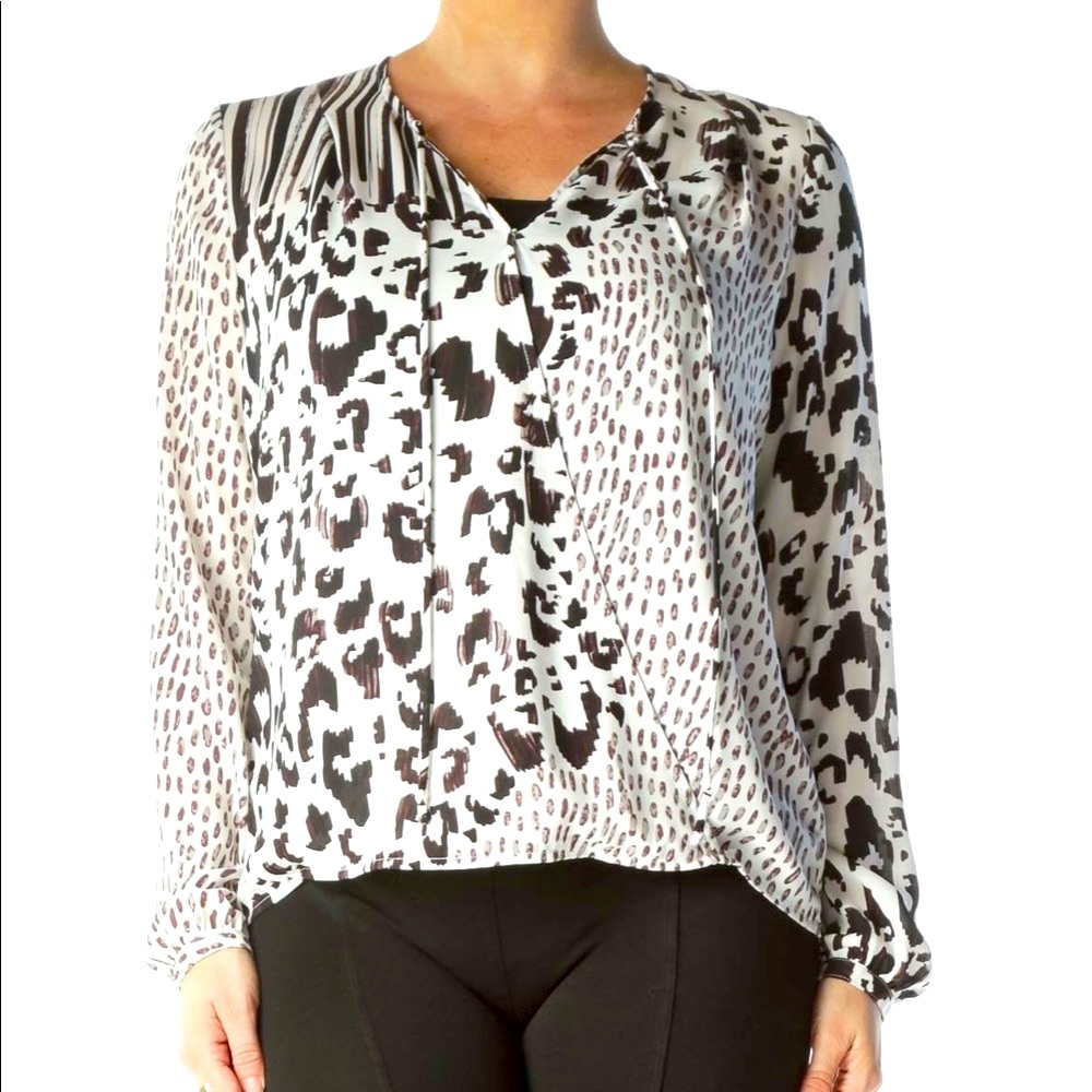 CAbi White and Brown Animal-Print Blouse Size S